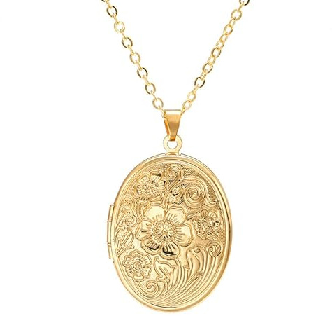 HMOOY Medaillon Halskette, Gravierte herzförmige Medaillon Anhänger Halskette Das Hält Bilder Personalisierte Foto Medaillon Halskette Erinnerungskette für Damen (Oval-Gold)