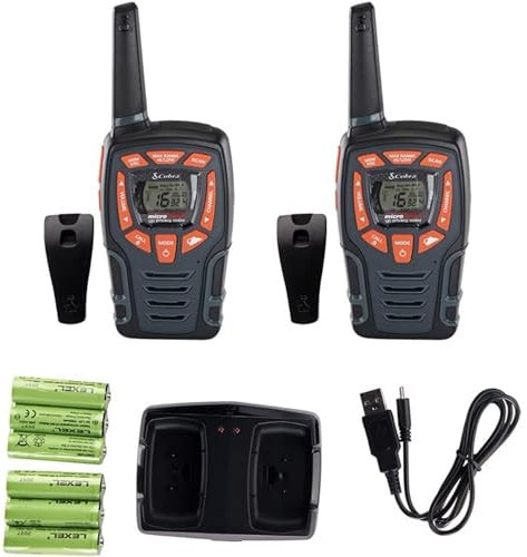 Cobra AM855 Wetterbeständige Walkie-Talkies (2er-Pack) – 10 km Reichweite, 16 Kanäle und 121 Codes zur Privatsphäre, wetterfest, VibrAlert, wiederaufladbare Zwei-Wege-Funkgeräte, Schwarz