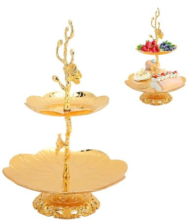 Alzata Portafrutta su 2 Livelli, Vassoio a Più Livelli in Metallo Dorato Alzata per Cupcake da Dessert Torte Frutta Spuntino Buffet di Caramelle Display Torre, Decorazioni per Feste di Compleanno