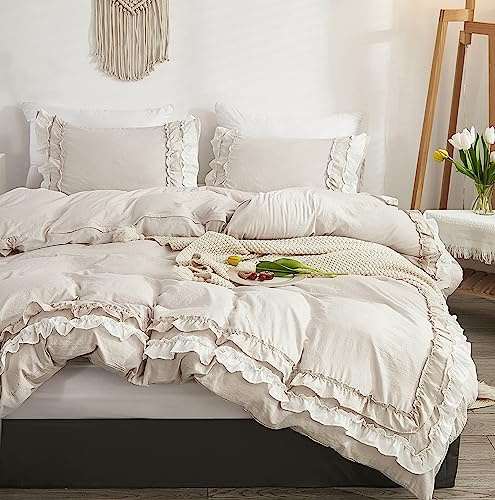 GETIYA Biancheria da letto di lusso 220 x 240 cm, 3 pezzi, squisita bianco beige, volant, biancheria da letto da uomo e donna, in morbida microfibra, copripiumino con volant, decorazione matrimoniale