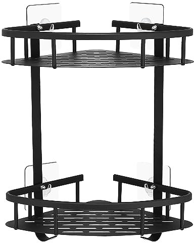 GERUIKE Etagere Douche sans Percage d'angle - Etagere Salle de Bain sans Percage Angle - Étagère Rangement Salle de Bain, Murale, Aluminium, Adhesif, 2 Niveau Organisateur Salle de Bain Noir Mat