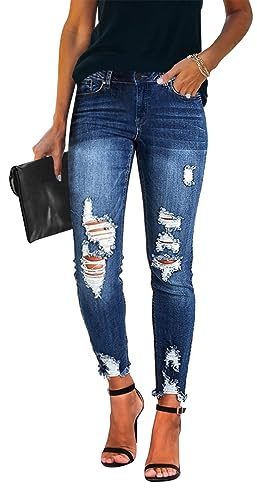 KUNMI Women's Mid Waisted Skinny Ripped Jeans Slim Fit Distressed Stretchy Denim Pants