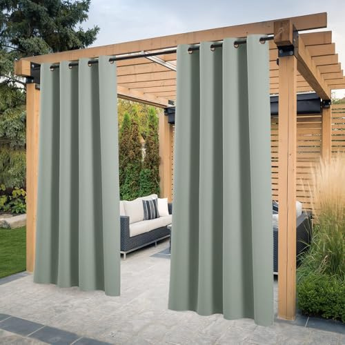 PONY DANCE Outdoor Gardinen Wetterfest 2er Set Sonnenschutz & Sichtschutz Balkon Vorhang Outdoorvorhang Wasserdicht Pavillon & Terrasse Vorhänge mit Ösen, H 243 x B 132 cm, Salbeigrün