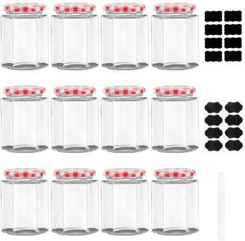 MEETOZ Glass Jam Jars with Lids, 280ml/9oz Hexagonal Storage Glass Jars with Screw Top Red Gingham Lids, Airtight Pickle Jars, Glass Jars for Candle Making, Preserving Jars - Hexagonal Jars