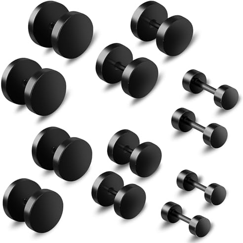 6 Pairs Black Earrings for Men Women Fake Plugs Faux Gauges Plugs Earring Stainless Steel Stud Earrings (4-10mm)