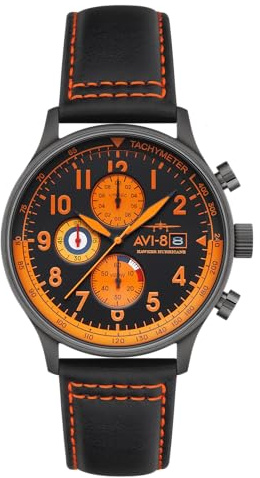 AVI-8 Hawker Hurricane Mens Watch - 43.5mm Stainless Steel Case, Japanese Quartz Movement, Genuine Leather, Watches for Men, Classic Chronograph, Noire - AV-4011-0R