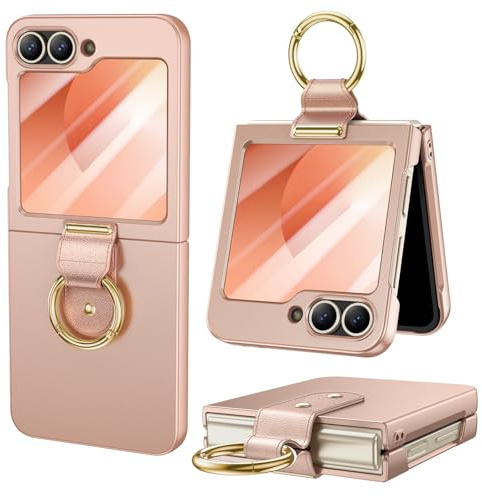HWeggo Fund para Samsung Galaxy Z Flip 6- Funda, PC Ultrafina para Z Flip 6 Funda Protectora con Protector de Pantalla Exterior y el Anillo, a Prueba de Golpes-Oro