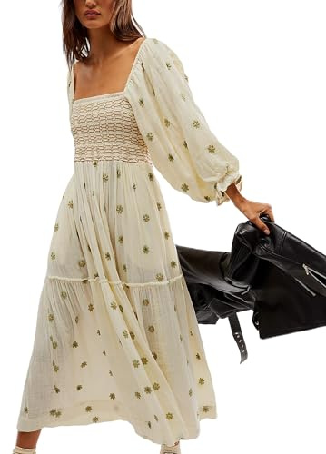 Women Bohemian Floral Long Sleeve Square Neck Ruffle Swing Flowy A-Line Maxi Dress Resort Wear (A-h-Beige, M)