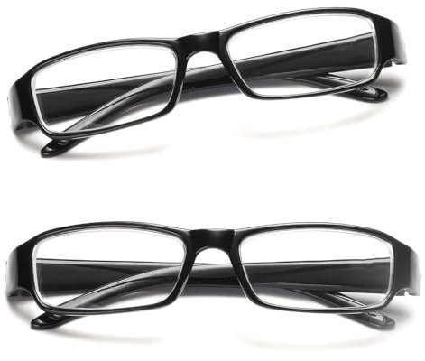 Reading Glasses Readers Value 2 Pack, Square Reading Glasses Eyeglasses Readers Classic Everyday Use, Spring Hinges Arm Rectangular Frame Scratch Resistant Spectacles for Mens Womens (Black, 4.5, x)