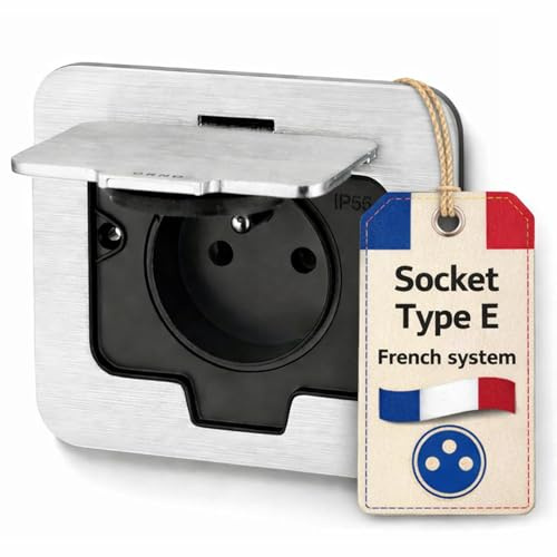 Edelstahl Einbausteckdose, Bodensteckdose IP55, Klappdeckel, Steckklemme, Typ E Französisch