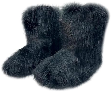 Ulalaza Women's Boots Fluffy Fuzzy Furry Snow Boots Winter Mid Calf Snow Shoes Suede Warm Fur Lined Booties Flat Casual Fashion