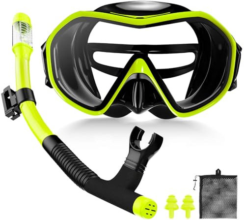 Juego de buceo para adultos, gafas de buceo para adultos, gafas de buceo con esnórquel, máscara panorámica mejorada antifugas, antivaho, de cristal templado para esnórquel, buceo (amarillo de