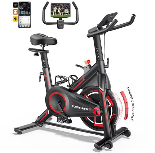 Heimtrainer Fahrrad mit APP, 15 KG Schwungrad, 0-100% Magnetischem, Leiser LCD Heimtrainer bis 150KG, Fitnessbike für zuhause Mit Weicher Sitz, Bis150 KG,Tablet-Halter, Getränkehalter