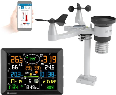 Bresser Stazione meteo, portata 1,5 km, Wi-Fi, sensore esterno 7 in 1, solare, UV, vento, pioggia, Wi-Fi upload, allarme, clima interno/esterno