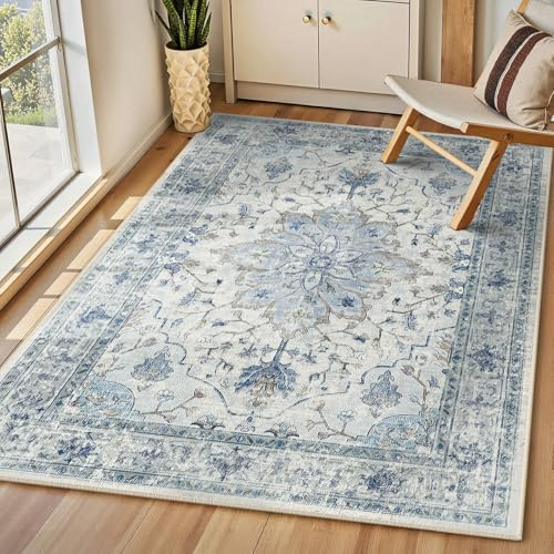 INOVADAY Vintage Waschbarer Teppich Wohnzimmer 90x150 cm Boho Kurzflor rutschfest Teppich Weich Teppiche mit Druckmuster für Schlafzimmer, Esszimmer, Büro Blau/Grau