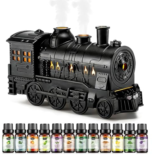 Hanolly Doftspridare Eteriska Oljor - 300ml Ultraljudsluftfuktare med 12 X 5ml Eterisk Olja, Aromadiffusor med Tåg Stil med Fjärrkontroll, 7-Färgs LED och Timer