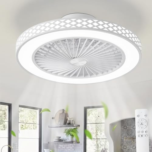 POWROL Ceiling Fans with Lights and Remote, 48CM 6 Speeds Reversible Bladeless Ceiling Fan Light, 3000K-6500K Quiet Timer Modern Ceiling Fan with Light for Bedroom Kitchen