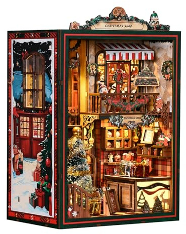 hzuisst Book Nook Navidad, DIY Miniature House de Madera, Book Nook Libreria con Luz LED y Música, DIY Book Nook Kit Maquetas para Adolescentes Construir