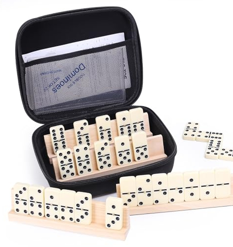 Domino Spiel Set, 28 Steine Dominos mit 4 Holzhaltern, Holz klassisches Brettspiel, tragbares Reisespiel mit Aufbewahrungskoffer