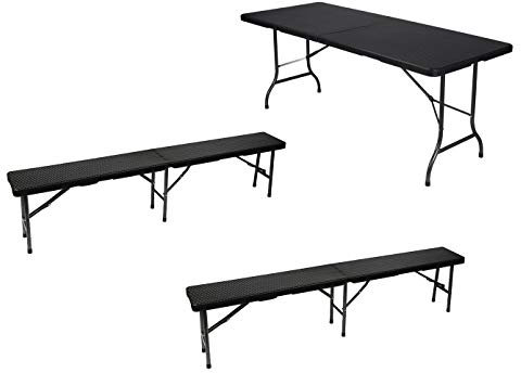 Robuste und stabile Kunststoff Bierzeltgarnitur im Rattan-Look, Tisch und 2 Bänke, klappbar
