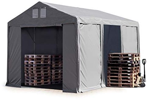 TOOLPORT Lagerzelt Industriezelt 4x6 m Zelthalle mit 3m Seitenhöhe PVC Plane 850 N grau wasserdicht Ganzjahreszelt mit Reißverschlusstor