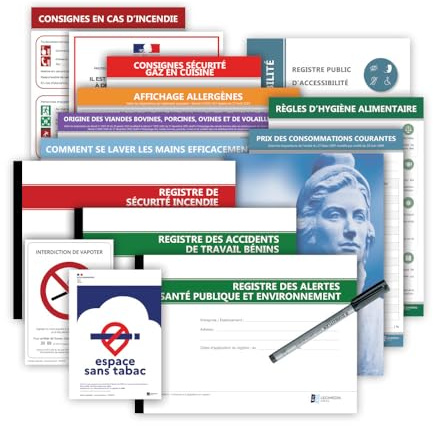 Pack de mise en conformité Restaurants - 11 Affichages et 4 Registres obligatoires avec 1 stylo-feutre offert - Kit de fixation inclus - Fabriqués en France - LEGIMEDIA ÉDITIONS