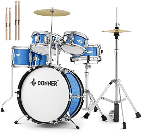 Kids Drum Sets-Donner 5-Piece for Beginners,14 inch Junior Drum Kit, with Adjustable Throne, Cymbal, Hi-Hat, Pedal & Drumstick, Present for Child-Blue