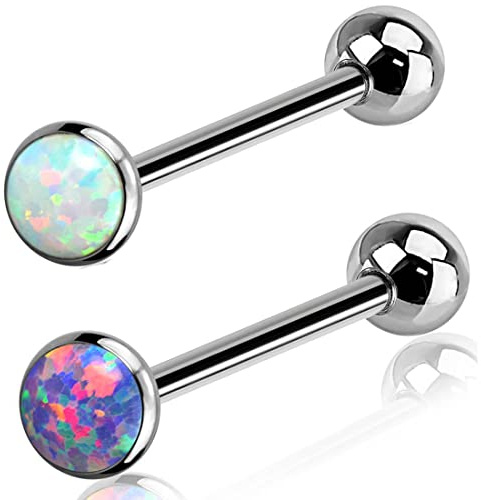 Melighting - Piercing per lingua in titanio 14 G, con opale da 16 mm, piercing per lingua, piercing per capezzolo, unisex, Titanio G23