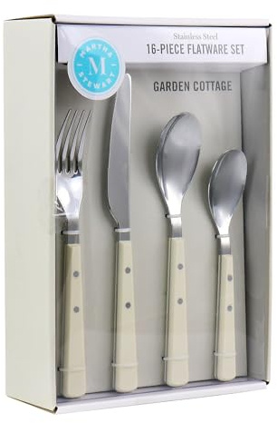 Martha Stewart Watercliffe 16 pc Flatware Silverware Set - Stainless Steel Utensils - Forks, Spoons, Knives - Service for 4 - Linen