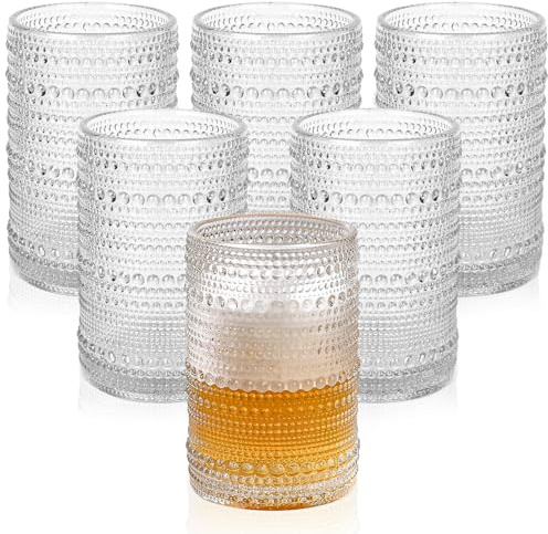 ZMOWIPDL Vintage Glassware Drinking Glasses Set of 6,15 oz Hobnail Glass Cups,Embossed Clear Water Tumbler,for Beer,Cocktail,Whiskey,Juice and Various Mixed Drinks- 1 Cleaning Brush