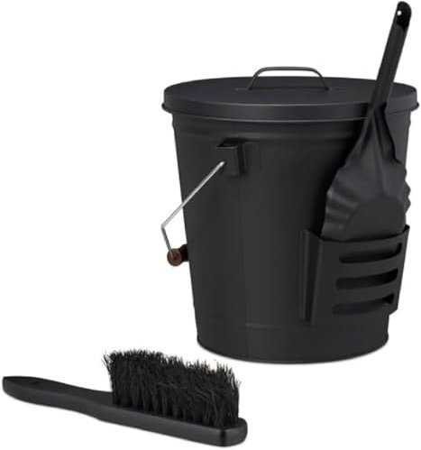 Valo VK000508 Lot de 3 seaux à cendres avec seau, pelle et balai, seau à charbon, seau de cheminée, cendrier, 15 l, noir