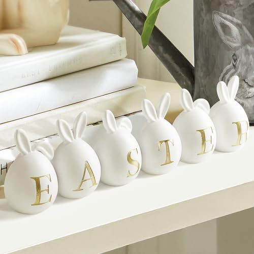 Pawliss Easter Decorations Decor: 6pcs White Resin Easter Bunny Eggs Set Table Centerpiece, Cute Rabbit-Eared Easter Eggs for Spring Easter Basket Home Office Table Shelf Party Decor, Gifts for Kids