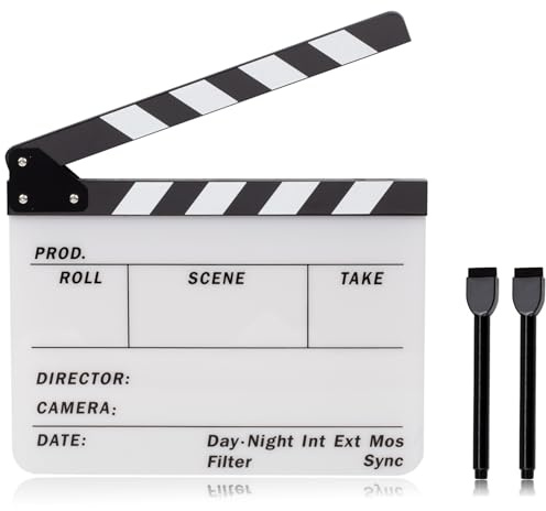 ALLZEDREAM Tabla de director de acrílico para películas, claqueta de corte de escena de acción con 2 rotuladores de pizarra blanca de borrado en seco, color blanco
