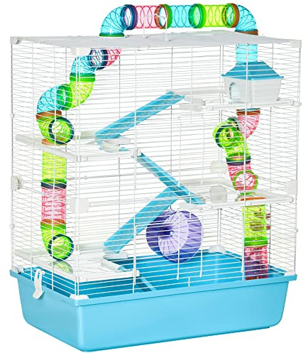 PawHut 5 Tier Hamster Cage, Gerbil Cage with Exercise Wheel, Feeder Bowl, Tube, Water Bottle, 59L x 36W x 69H cm - Light Blue