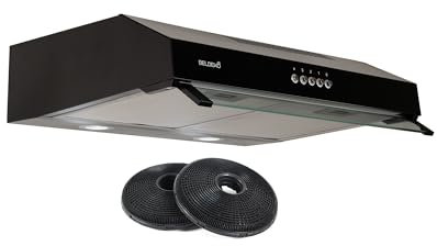 Hotte casquette visière BELDEKO 60 cm – Noir – Double moteur 203 W – Débit 435 m³/h – 3 vitesses – Filtres à charbon + lavables – Éclairage LED – Evacuation ou recyclage – Marque française