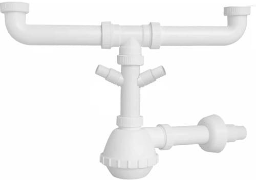 Schläfer 4395322 | Juego para lavabo doble, Sifón universal 1 1/2 dos lavabos - Salida diam. 40 mm con toma de lavadora, regulable en altura, ahorro de espacio, blanco