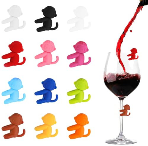 Glasmarker Silikon 12 Stück Affe Wein Trinken Marker Glasmarkierer Bunte Glas Markierung Trinkgläser Wiederverwendbarer Glas Kennzeichnung Teebeutel Halter für Party Weinglas, Trinkglas (Mehrfarbig)