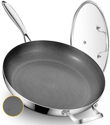 Bzayeat 13-Inch Nonstick Hybrid Frying Pan with Lid, Ceramic Coated Tri-Ply Stainless Steel Induction Chef's Pan, Large Skillet, PFOA Free, Oven & Dishwasher Safe for All Stoves, Detachable Handle