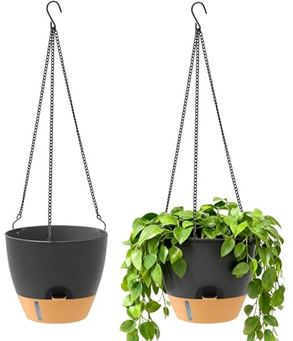 HEIYUET 2 vasi sospesi autoirriganti, da appendere, colore nero, con sistema di irrigazione, fioriera con catena, vasi da fiori sospesi in plastica, da appendere per interni, esterni