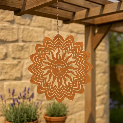 khevga Suspension en métal - Motif soleil - 24 cm - Décoration rouille pour jardin et balcon - Résistant aux intempéries - Forme de soleil originale avec aspect éventail - Décoration avec finition