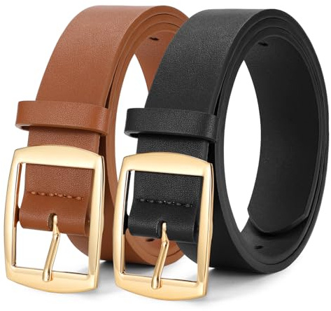 WERFORU 2 Pack Women Leather Belts for Jeans Pants Fashion Leather Belts for Women Waistband with Gold Pin Buckle,A-Black+brown-gold buckle,S:Fit Waist Size 26-30