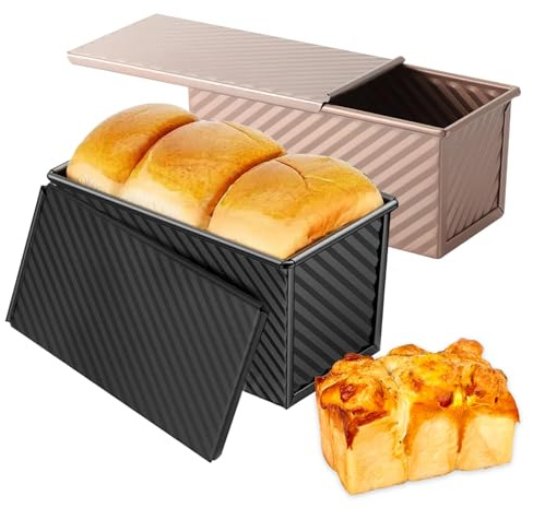 FINELYCR Teglia per Pane, 2 Piezas Molde para Pan, Negro/Oro Rosa Molde Pan, con 3 Orificios de Ventilación en la Parte Inferior, Molde con Tapa para Pan, para Hornear Pan, Pasteles y Repostería