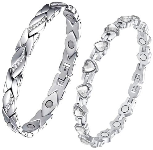 XFSRG Bracciale Magnetico Donne Argento 2pcs Regolabile con Diamante Ultra Forza Braccialetto Magnetico Regalo per Donne e Ragazze (Argento 2)