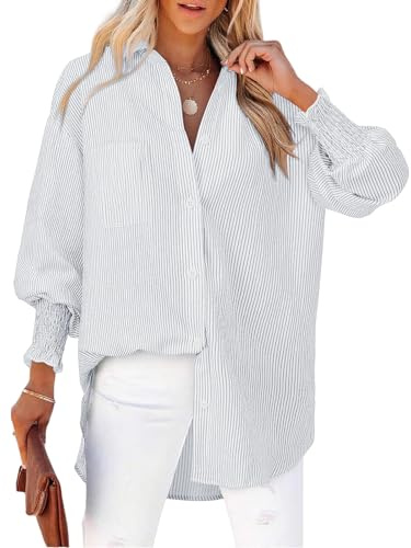 Cuptacc Blusa Mujer Elegante Cuello en V Manga Larga Botones Blusas Mujer Rayas Bolsillo en el Pecho Tops