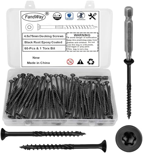 FandWay 60 Pièces Vis à Bois Torx pour Panneaux D'aggloméré 4,5x75mm Vis à Tête Fraisée,Vis Autotaraudeuses Torx Universelles Pour Construction de Toiture,Terrasse Avec 1 T25 Bits.Nior époxy.