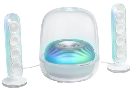 Harman Kardon SoundSticks 5 Home Bluetooth Speaker, 3-Way Speaker Design, Single-Cable HDMI ARC Connectivity, Multi-Speaker Connection by Auracast, Colourful Lightshows, White