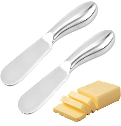 YUVKIN Couteaux à Beurre et Épandeur de Fromage, en Acier Inoxydable avec Poignée Ergonomique, 2 Pièces, Couteau à Beurre et Tartineur (13,3 x 2,2 cm) (Argent)
