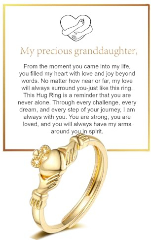 To My Granddaughter Hug Ring For Hope Rings, Inspirational Stainless Steel Engarved With Always With You Message Adjustable Ring for Women Non Tarnish Jewelry Gift for Her Birthday Christmas (Crown-Gold)