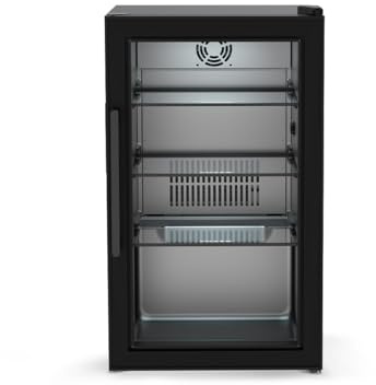 Cozze® Elements - Frigorífico de exterior 63 L – Vitrina de bebidas con puerta de cristal templado, luz LED, pantalla digital, 3 estantes de cristal, refrigeración por compresor 3-10 °C, enchufe IP44