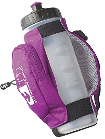 Ultimate Performance Kielder Handheld 600ml Water Bottle Carrier Zipped Pocket Carrier For Small Essentials Key Clip Hi Vis Reflective Trim Padded Hand Strap - Purple